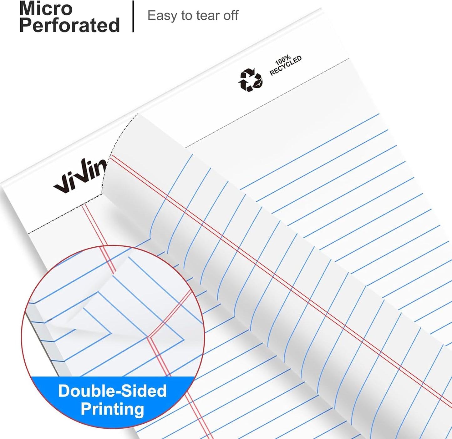 ViVin Legal Pads 8.5 x 11 Inch, Wide Ruled Note Pads, 12 Pack, 50 Sheet/Pad, Perforated Writing Pads, Notepads for Office Home School, 600 Sheets, White Paper