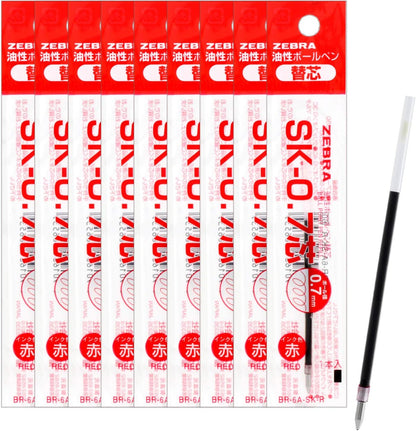 Zebra B-BR-6A-SK-R Clip-on Oil-Based Ballpoint Pen Refill, SK-0.7 Core, Red, 10 Pieces