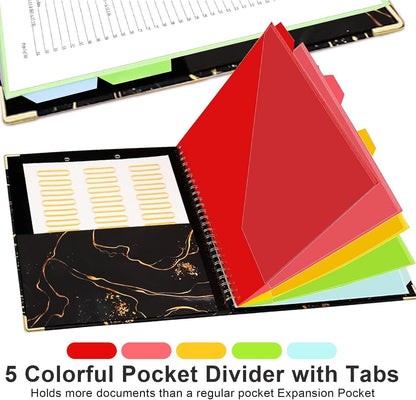 Clipboard Folio with Refillable Notepads, Marble Clipfolio with 5 Dividers with 10 Pockets, Spiral Clipboard Folder Design for School, Office, Work, Teacher, Students, Nurses (Black, 9.4 x 12.8)