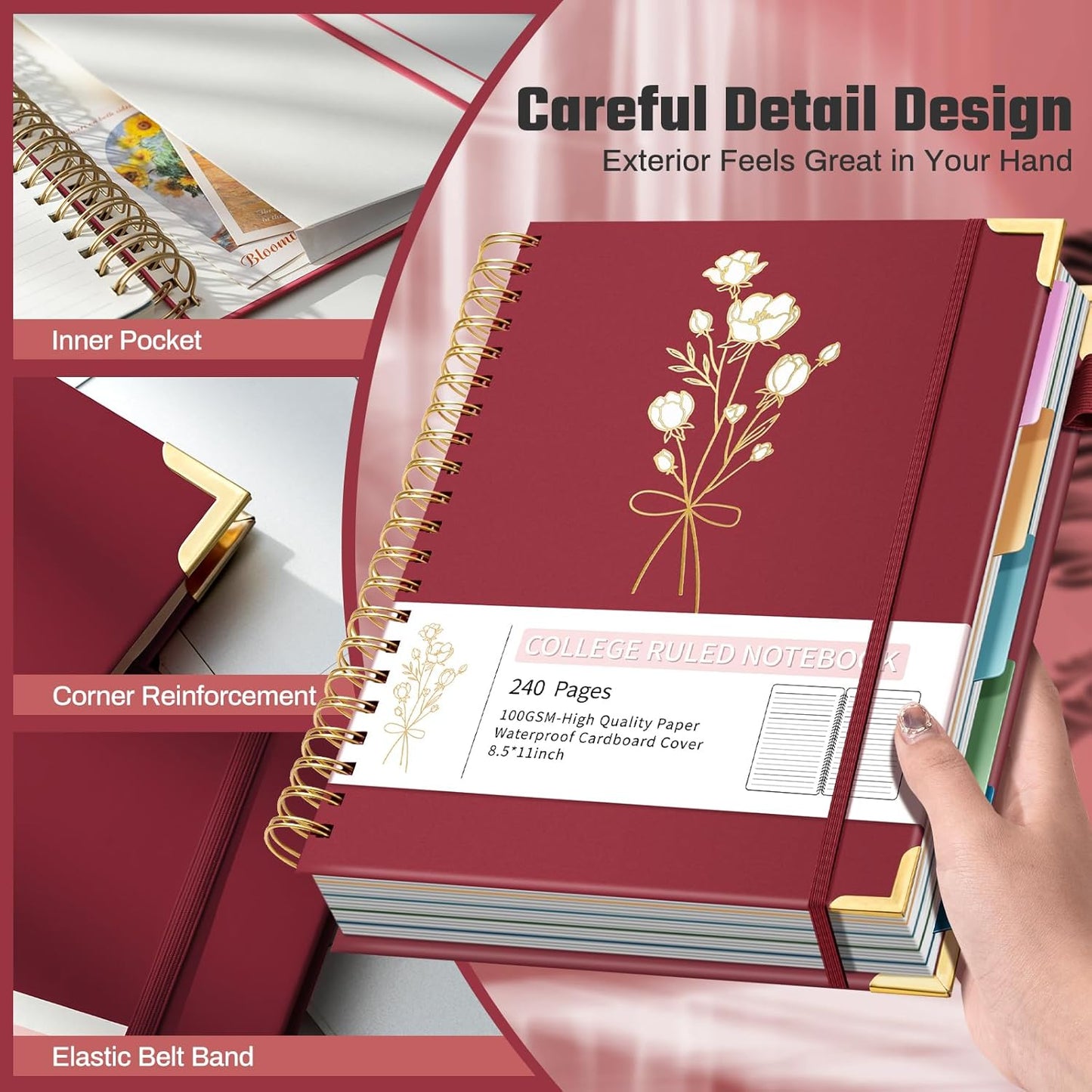 Hardcover Spiral Notebooks 8.5" X 11" Note Taking 5 Subject Notebook College Ruled with Dividers 240 Pages 100GSM Aesthetic Spiral Notebook for Work School Cute Journals for Women Writing