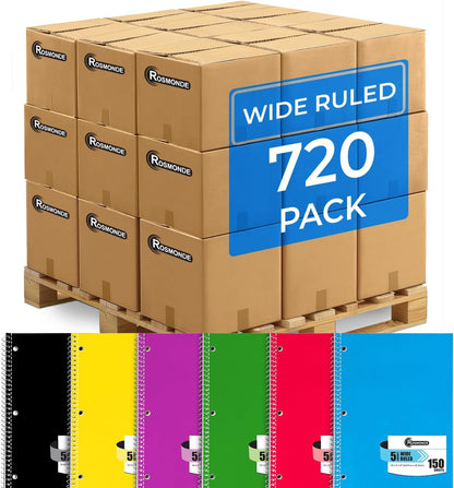 Rosmonde Spiral Notebooks, 24 Pack, 1 Subject Notebook, Wide Ruled, 70 Sheets, 8 x 10-1/2", 3 Hole Punched, School Supplies, Bulk Single Subject Spiral Notebook Bulk, Assorted Colors Pack of Notebooks