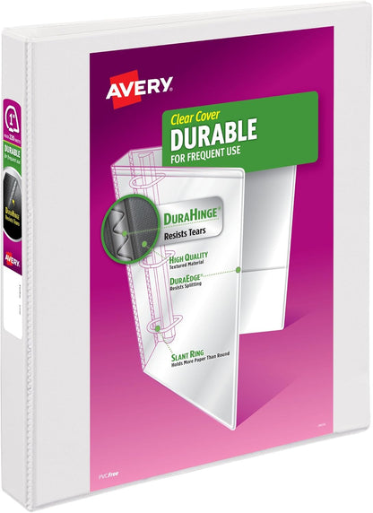 Avery Durable View 3 Ring Binder for Home, School Supplies, Office, or Organization Needs, 1" Slant Ring, 1 Pack White Binder (17012)