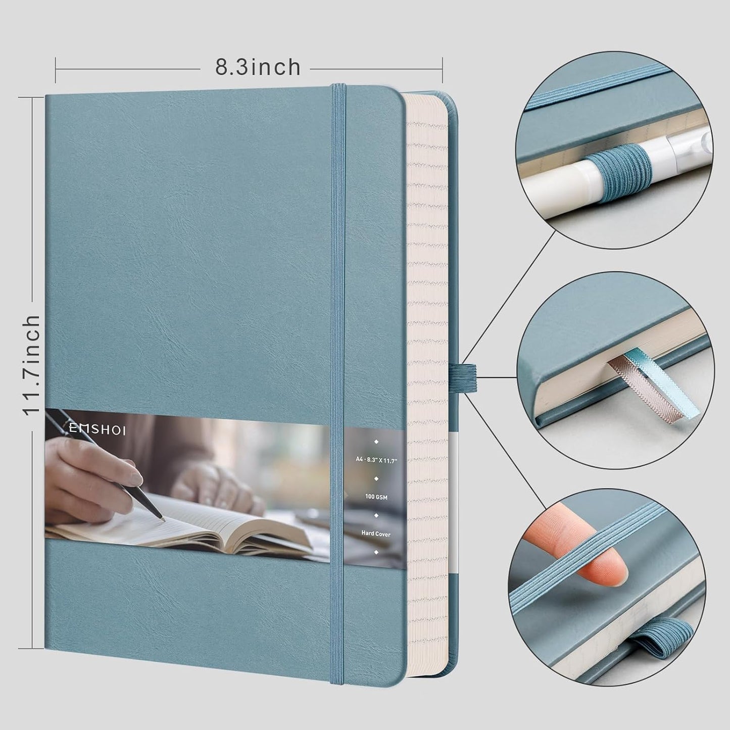 EMSHOI A4 College Ruled Notebook, Large 8.3" x 11.7", 192 Pages 100GSM Ink-Proof Faux Leather Hardcover Lay-Flat Lined Journal for Office School Work Writing, Black