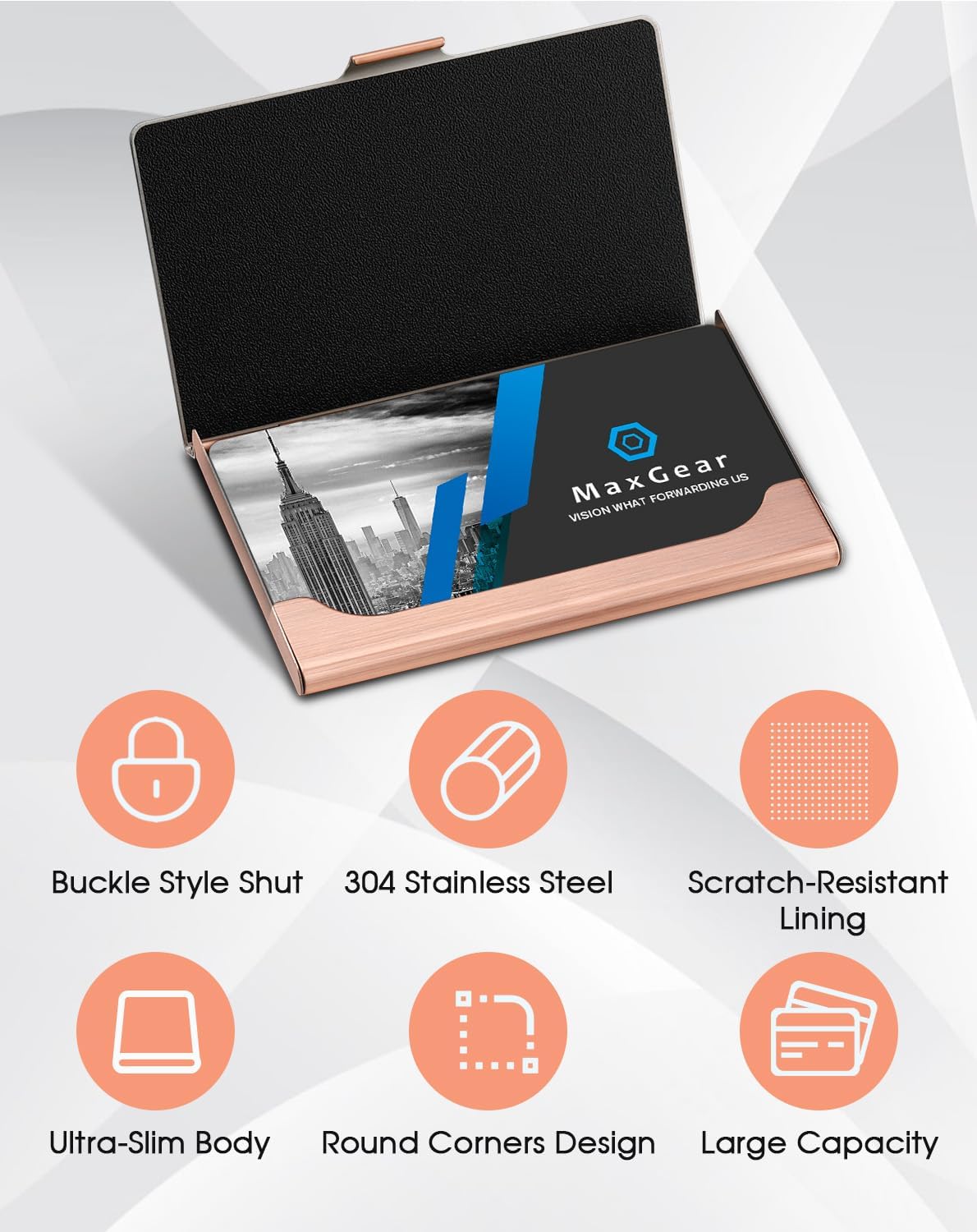 MaxGear Metal Business Card Holder for Men & Women, Professional Stainless Steel Card Case for Business Cards, Slim Purse Name Card Holders with Interior Lining, Buckle Style Shut, Black