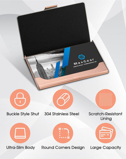 MaxGear Metal Business Card Holder for Men & Women, Professional Stainless Steel Card Case for Business Cards, Slim Purse Name Card Holders with Interior Lining, Buckle Style Shut, Black