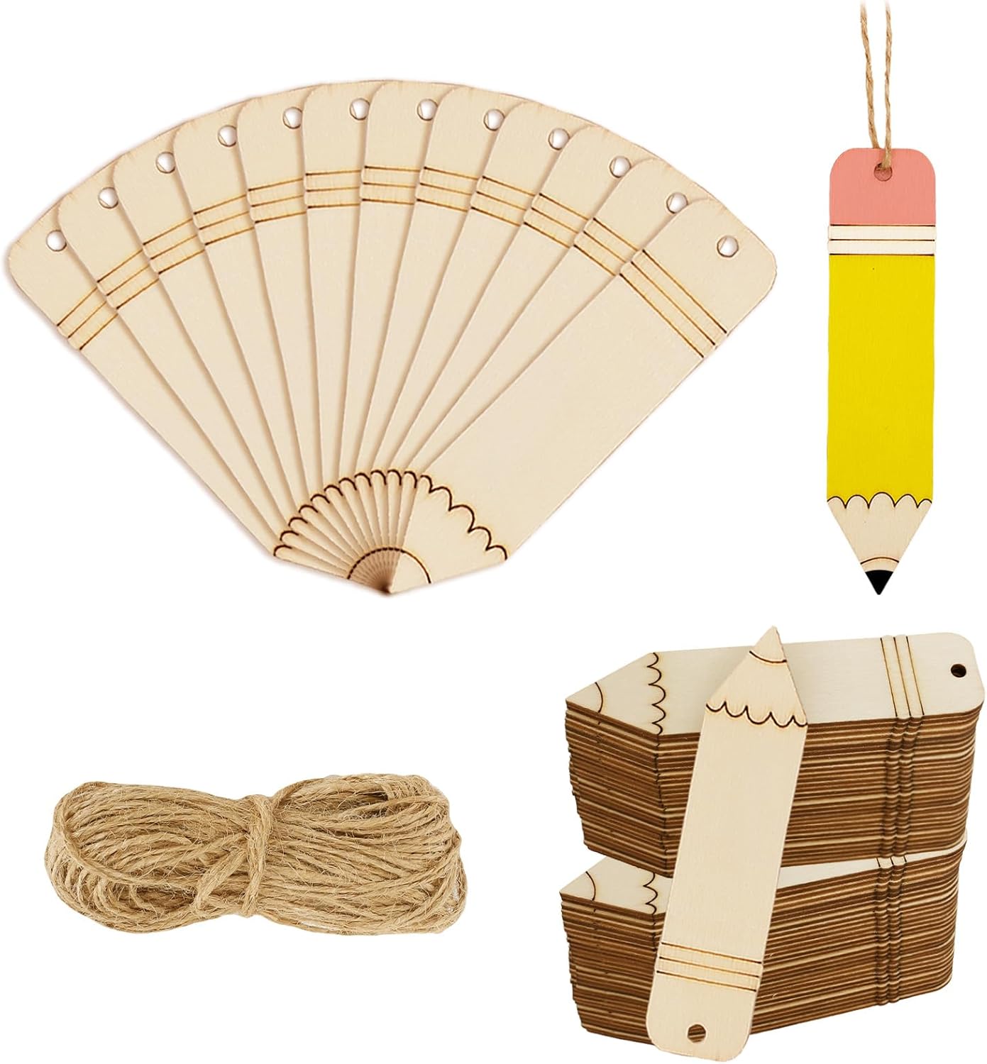 Whaline 50Pcs Back to School DIY Craft Cutout Wooden Pencil Shaped Hanging Ornaments with Hemp Rope for First Day of School Classroom Party Decoration Supplies