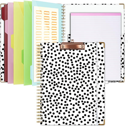 Ospelelf Clipboard with Storage 8.5 X 11，Padfolio Organizer, Spiral Portfolio Letter Size with Notepad, Pen Holder, 5 Extra Folder Divider Pages, Elastic Closure Nurse Office Essentials (Polka Dots)