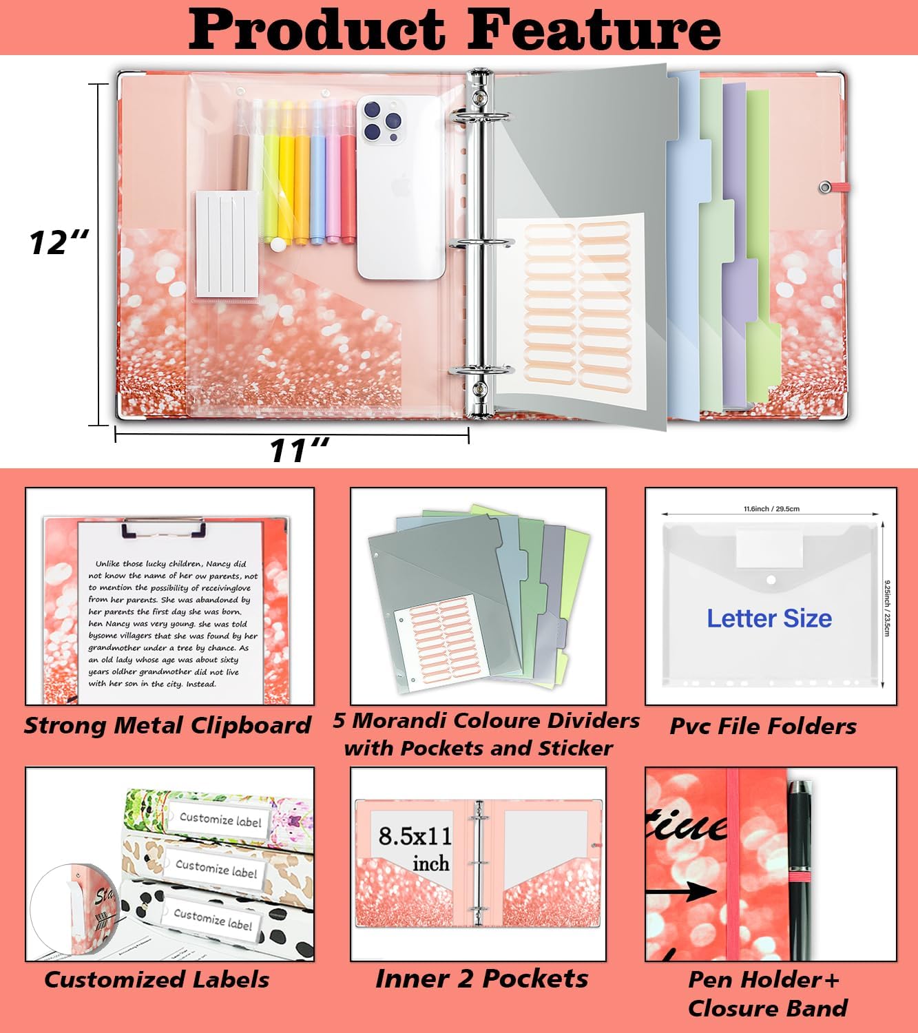 3 Ring Binder 1 Inch, Three Ring Binders Organizer with Clipboard, 5-Tabs Pockets Dividers, Plastic Folder, 18 Divider Stikers, BVSSX Pretty Binder with Pen Loop (Black Weeds, Letter Size)