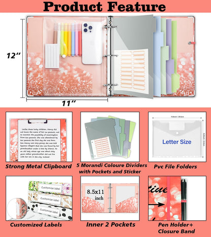 3 Ring Binder 1 Inch, Three Ring Binders Organizer with Clipboard, 5-Tabs Pockets Dividers, Plastic Folder, 18 Divider Stikers, BVSSX Pretty Binder with Pen Loop (Black Weeds, Letter Size)