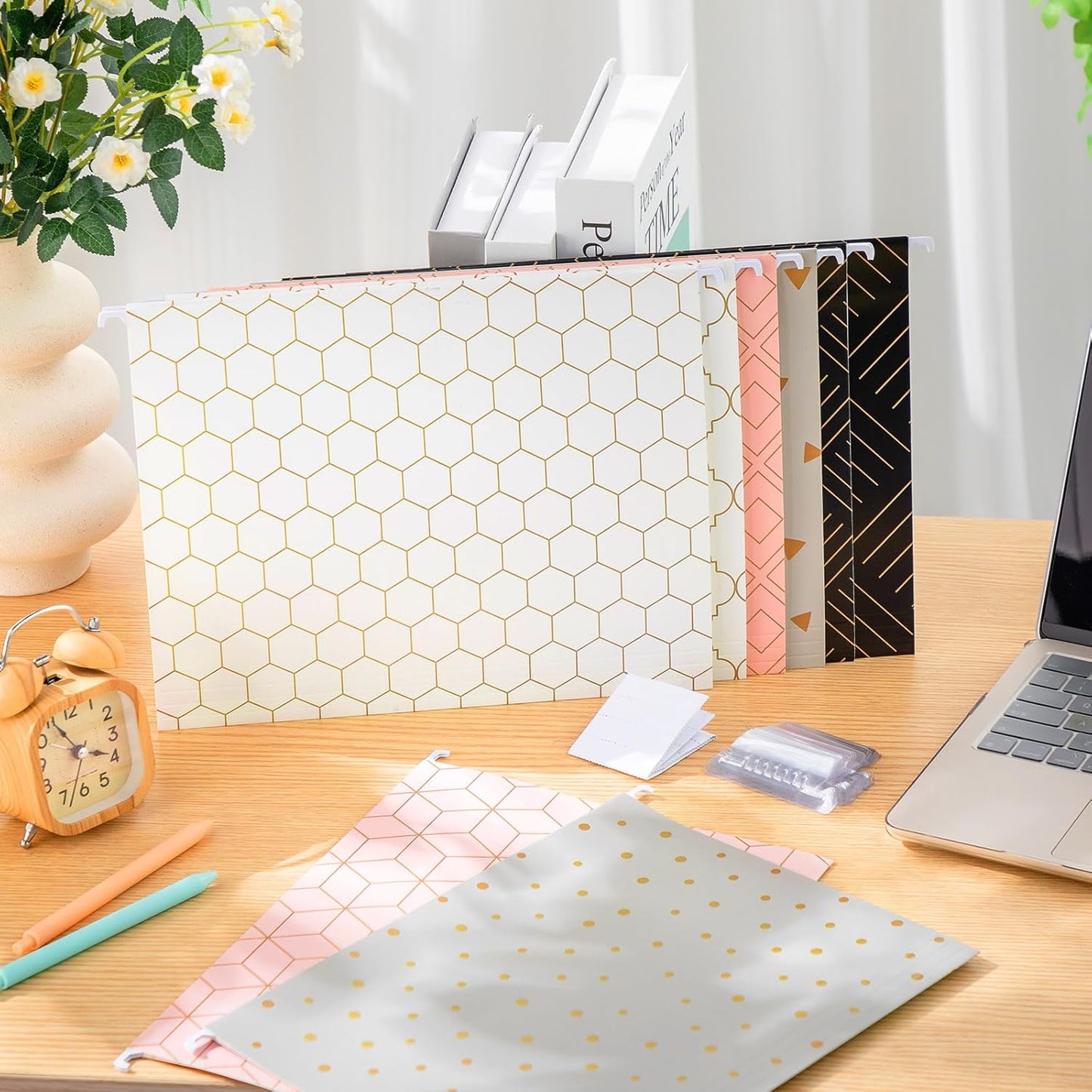 Estune 32 Pcs Decorative Hanging File Folders Letter Size Cabinet File Folders Organizers with 1/5 Cut Adjustable Tabs for Office Desk School Filing Cabinet Home(Gold Stripe)