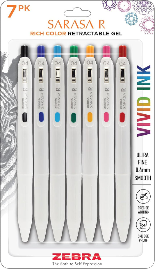 Zebra Pen, SARASA R Gel Pens, Assorted Ink Colors, 0.4mm Fine Point, Vivid Ink to Create Deep, Saturated Color and Smooth Gel Lines, Quick-Drying for Smear-Free Writing, Made in Japan, 7-Pack (47807)