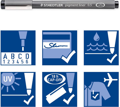 Staedtler Pigment Liner Pack, Black, 8 Pens, Assorted Line Widths, 0.05mm, 0.1mm, 0.2mm, 0.3mm, 0.5mm, 0.8mm, 1.0mm, 1.2mm