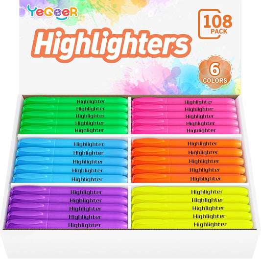 YEGEER Highlighters, Chisel Tip Dry-Quickly Highlighter Markers, 108 Count-6 Assorted Colors Highlighters Bulk Pack for Adult Kids, Office Classroom Must Have, School Supplies for Teachers