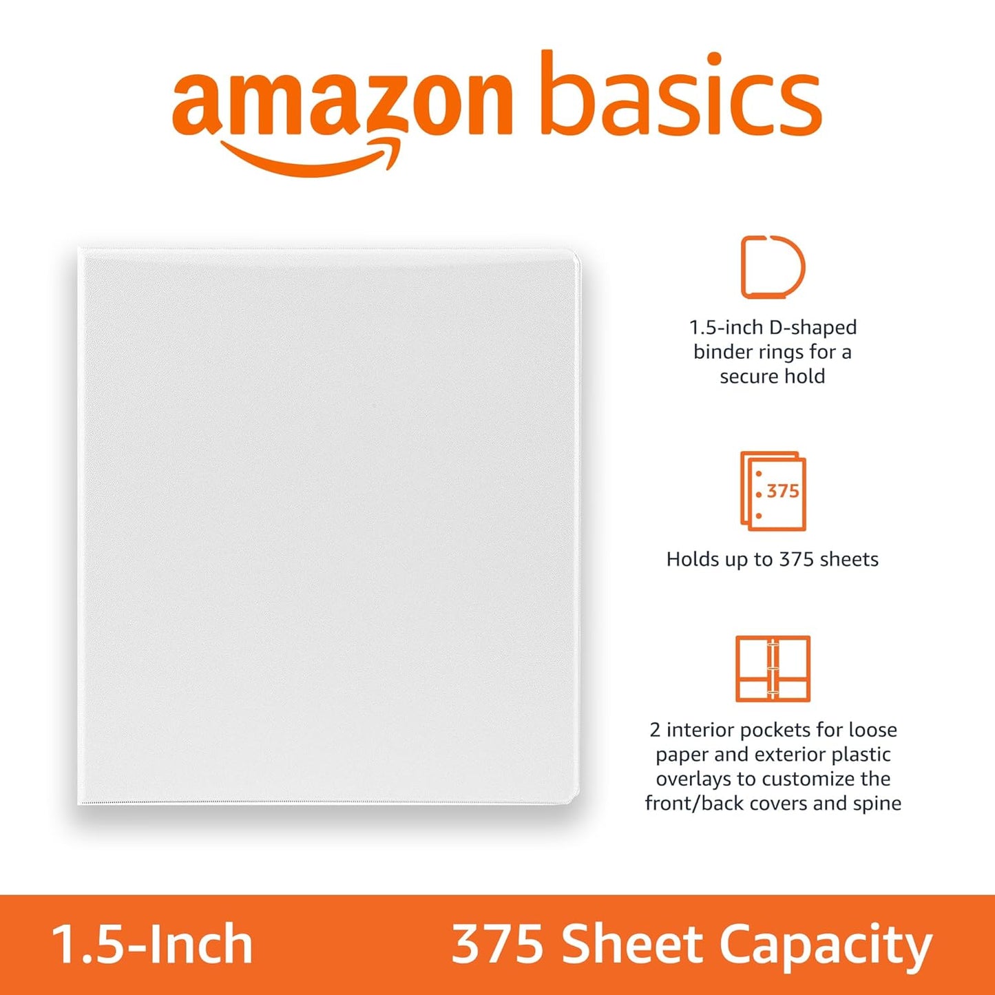 Amazon Basics 3 Ring Binders, 3 Inch D-Ring Organizer for School, Home Office, Paper Storage, White, 2 Pack