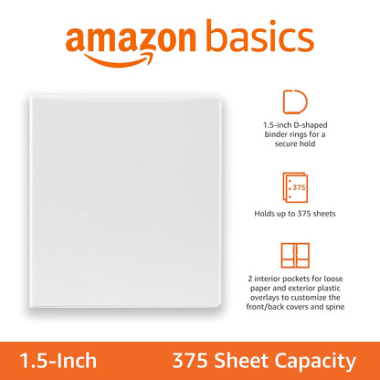 Amazon Basics 3 Ring Binders, 3 Inch D-Ring Organizer for School, Home Office, Paper Storage, White, 2 Pack