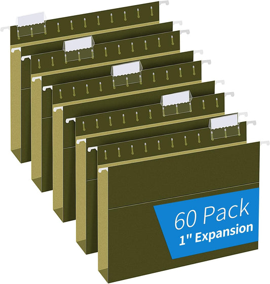 Hanging File Folders, RAZCC 60 Pack Reinforced Hanging Folders Letter Size, Designed for Bulky Files, Filing Cabinet, Adjustable Tabs, Green