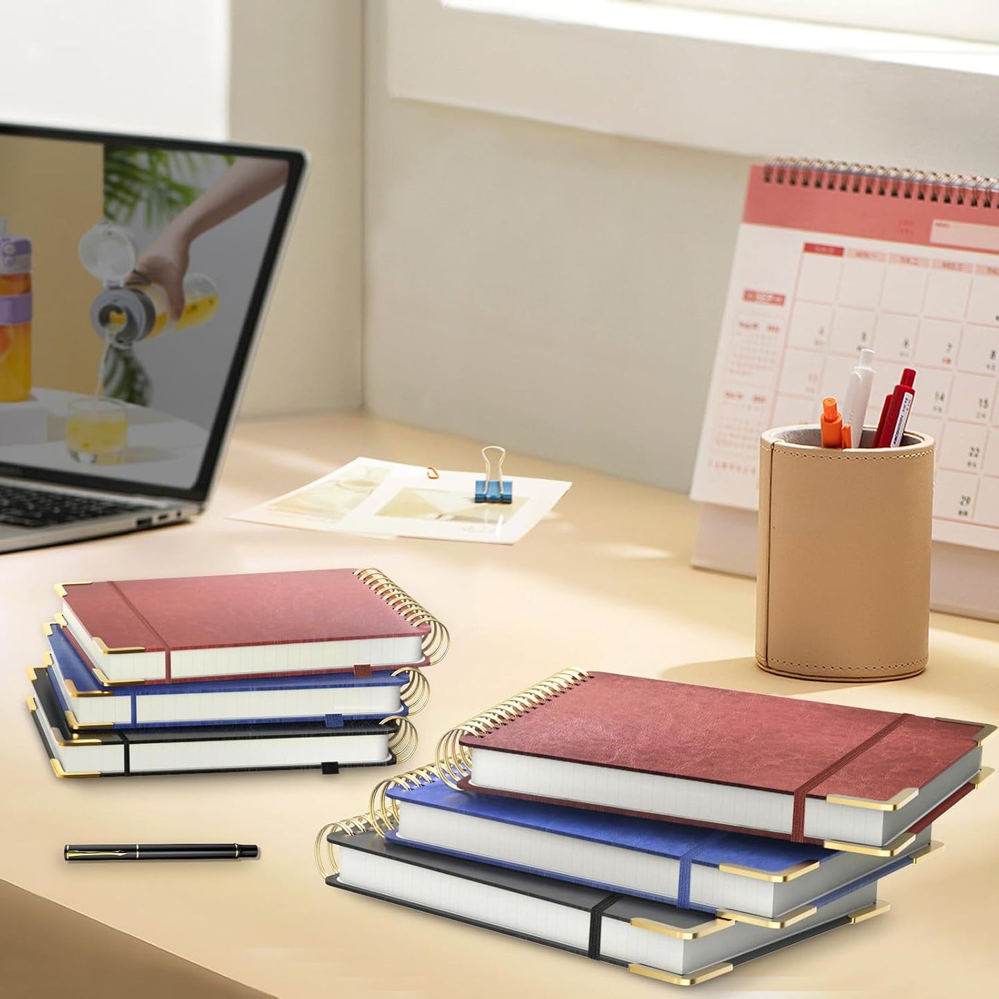A5 Top Spiral Notebook, Large Leather Hardcover Top Bound Steno Pads, 240 Pages 100 gsm Thick Lined Paper Left Handed Notebook Journal for Work, School, Meeting Writing - Brown, 5.9" x 8.5"