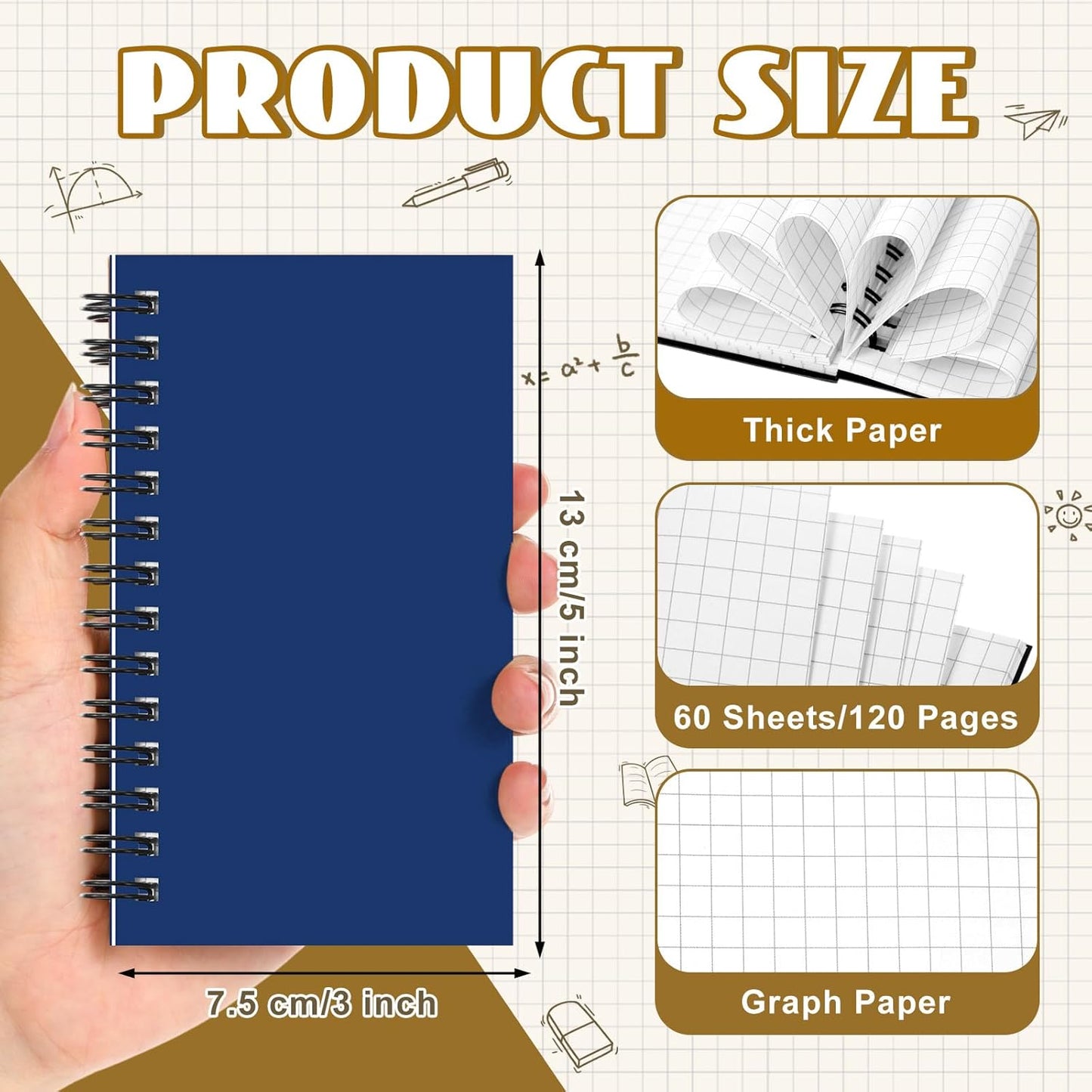 Jutom 6 Pcs Small Graph Paper Pads Notebook Mini Spiral Notebooks Grid Paper 3 x 5 Inch Pocket Notepads 120 Pages Mini Notepads for Office School Work Math Meeting (Black)