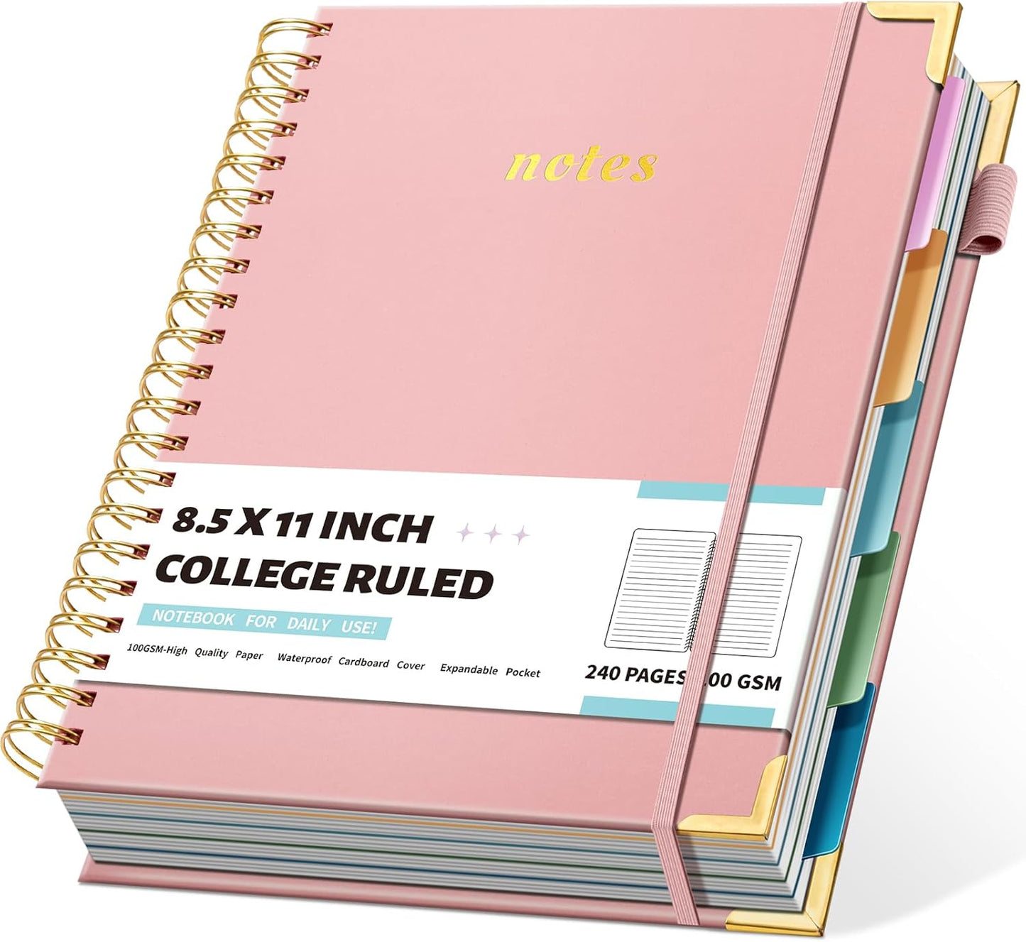 Hardcover Spiral Notebooks 8.5" X 11" Note Taking 5 Subject Notebook College Ruled with Dividers 240 Pages 100GSM Aesthetic Spiral Notebook for Work School Cute Journals for Women Writing