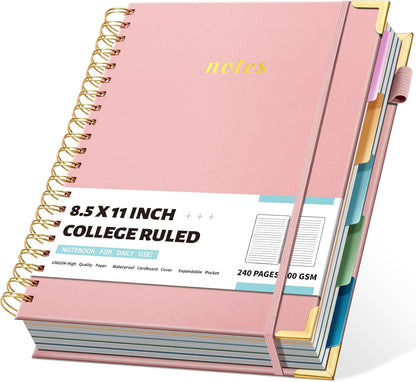 Hardcover Spiral Notebooks 8.5" X 11" Note Taking 5 Subject Notebook College Ruled with Dividers 240 Pages 100GSM Aesthetic Spiral Notebook for Work School Cute Journals for Women Writing