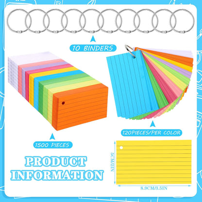 Patelai 1500 Pcs Index Cards Flash Cards with Rings 2 x 3.5 Inch Lined Notecards with 8 Pcs Metal Rings for Studying Learning Memory Office School Supplies(Mixed Color)