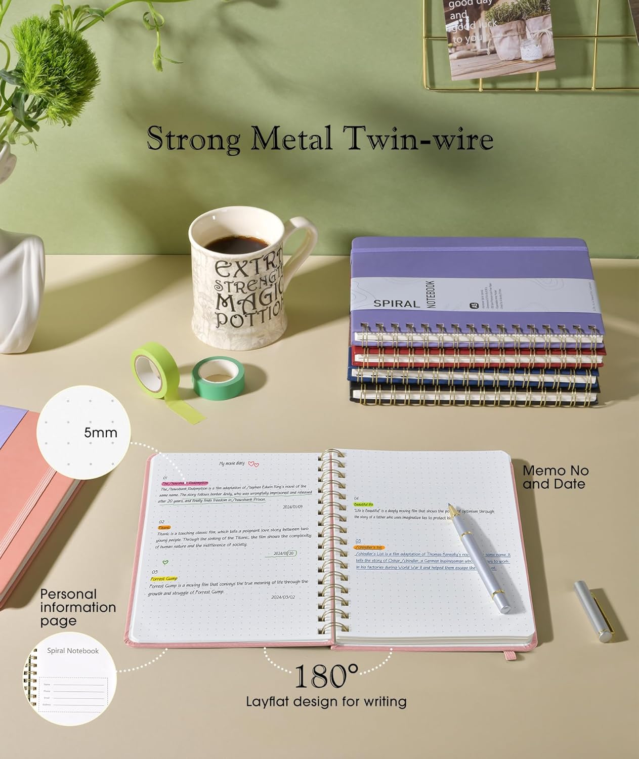 Lined Spiral Journal Notebook, A5 Hardcover Spiral Journals for Women Men, 150 Numbered Pages Spiral Bound Notebook, 100 GSM College Ruled Notebooks for Work, Note Taking 5.75" x 8.38", Olive Green