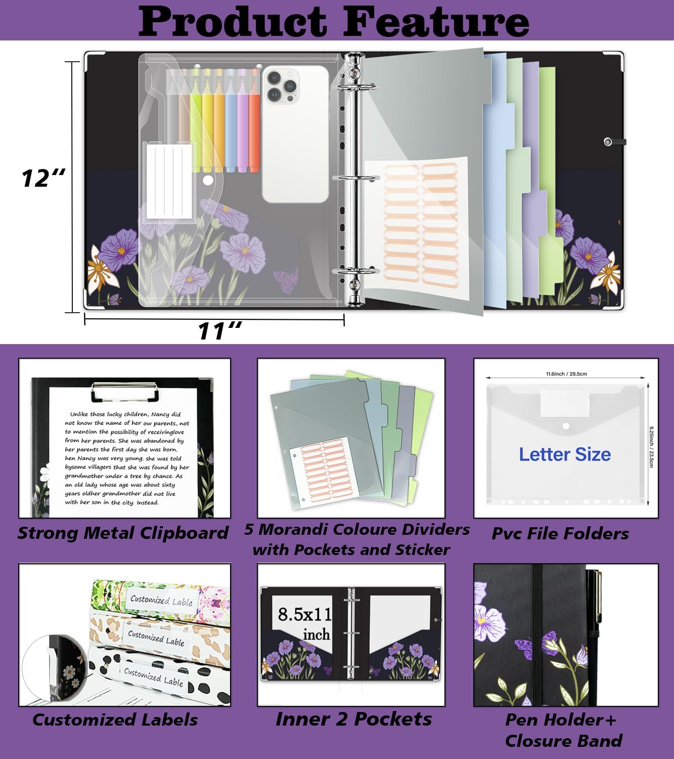 3 Ring Binder 1 Inch, Three Ring Binders Organizer with Clipboard, 5-Tabs Pockets Dividers, Plastic Folder, 18 Divider Stikers, BVSSX Pretty Binder with Pen Loop (Black Weeds, Letter Size)