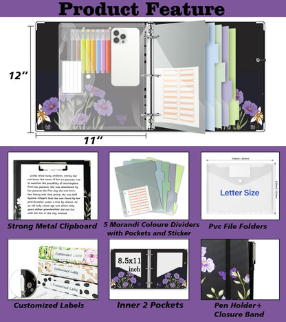 3 Ring Binder 1 Inch, Three Ring Binders Organizer with Clipboard, 5-Tabs Pockets Dividers, Plastic Folder, 18 Divider Stikers, BVSSX Pretty Binder with Pen Loop (Black Weeds, Letter Size)