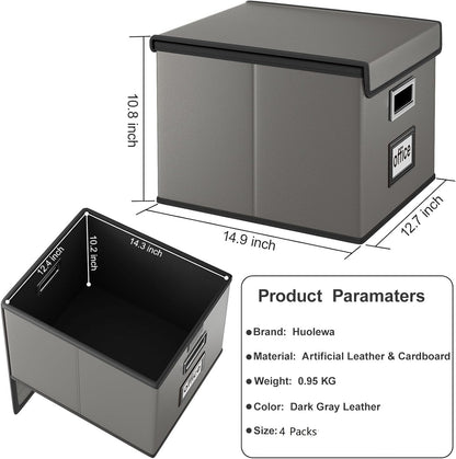 Huolewa Upgraded Portable File Organizer Box with Lid, Collapsible Linen Hanging Filing Storage Boxes with Plastic Slides, Decorative Home/Office Filing System Box for File and Folders Storage (Gray)