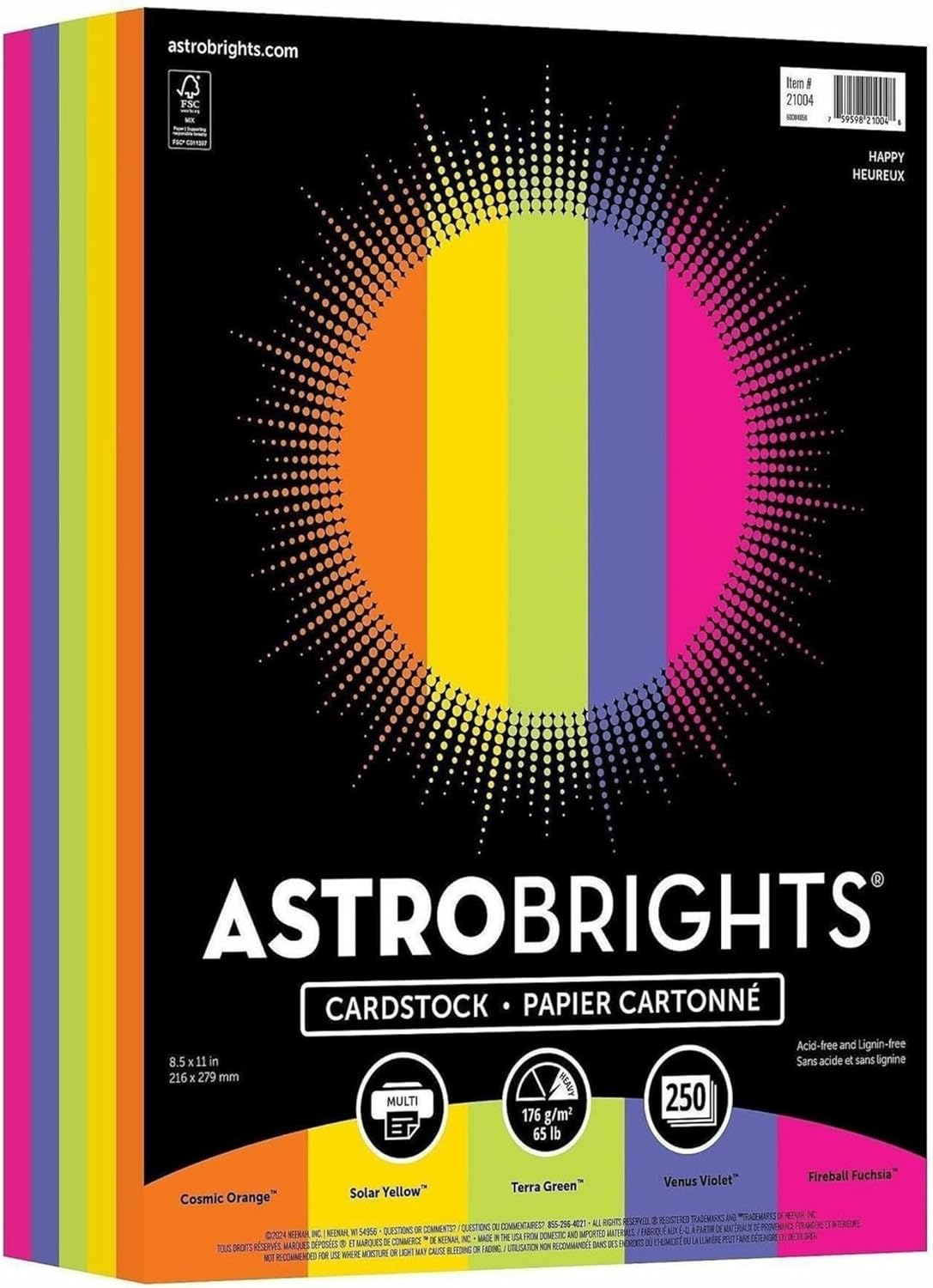 Astrobrights® Color Card Stock, Happy Assortment, Letter (8.5" x 11"), 65 Lb, Pack Of 250