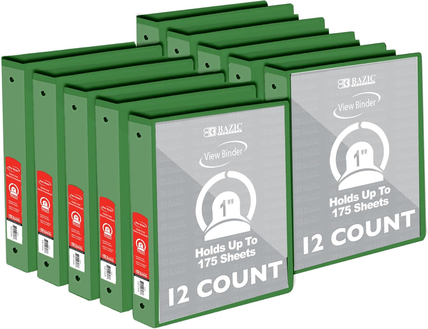 BAZIC Products 3 Ring Binder - Green, Economy View Binder with Clear Overlay Cover and Round Rings, Organizer for School Office Home Use, 1-inch Capacity Holds 175 Sheets Paper, 12-Pack