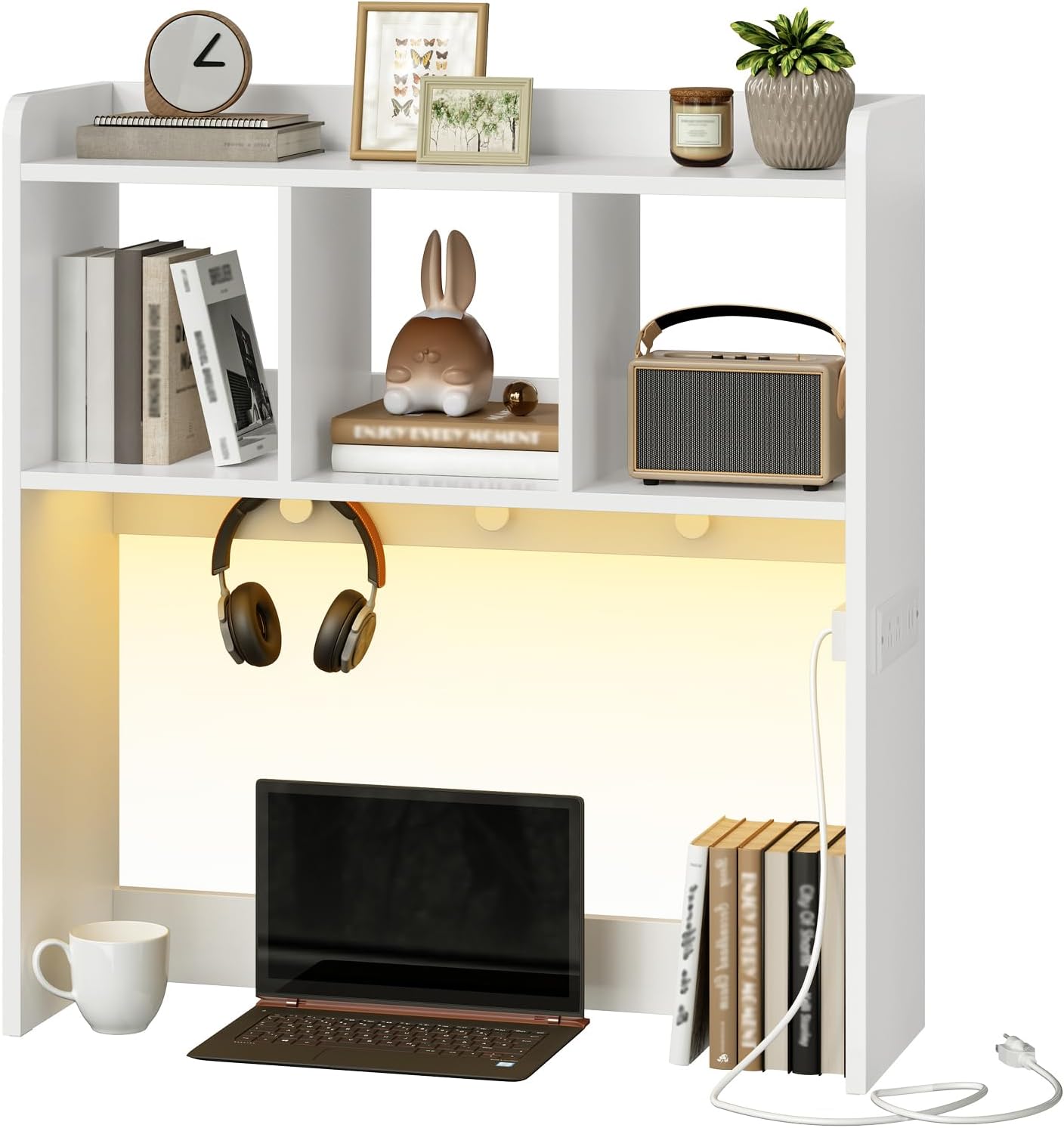 HOOBRO Desktop Bookshelf, Office Desktop Shelf, Desk Hutch with Outlets, Wooden Office Desktop Bookcase, Desktop Organizer Shelf with LED Light Strip and 3 Hooks, for Home, Study, White WT12UDSJ01