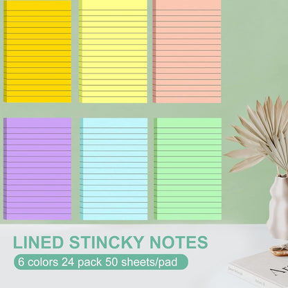 24 Pack Lined Sticky Notes 4X6 in, Self Sticky Note Pads with Lines, Large Sticky Note Memo Pad for Office, Home, School, Meeting, 50 Sheets/pad, Morandi
