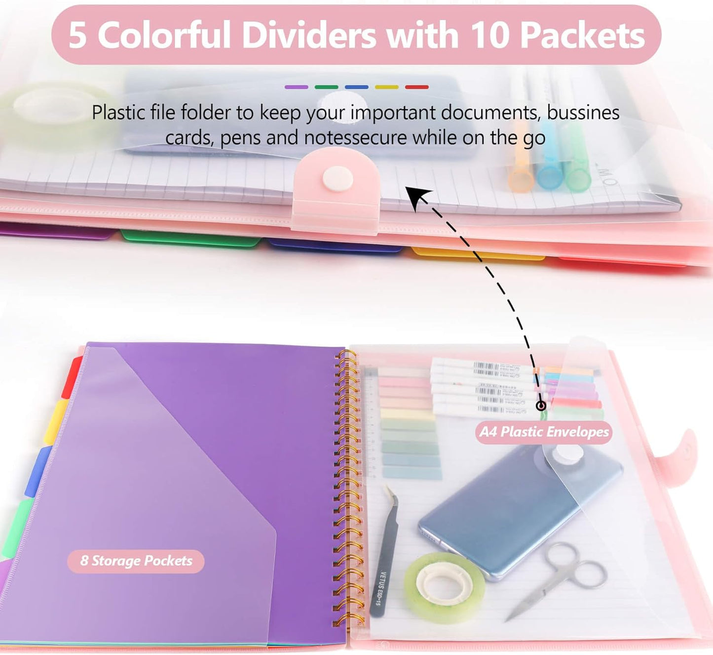Clipboard Folio with Notepad, Multifunctional Clipboard Folder with Storage, 5 Folders with 11 Pockets, Waterproof Organizer with Refillable Notepad 40 Pages, Lightweight, Button Closure (Macron Pink)