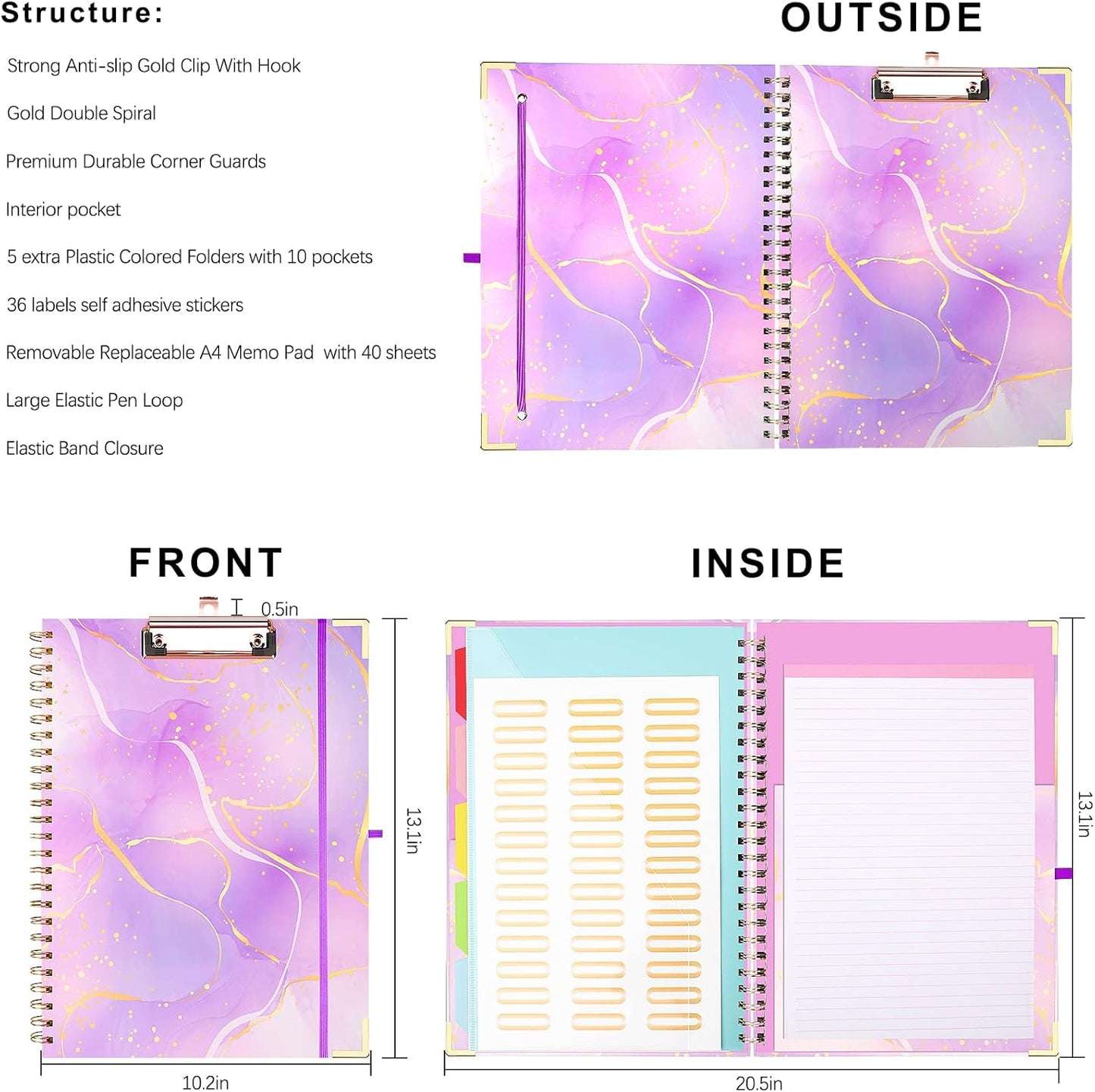 Foldable Spiral Clipboard Folio with Refillable Lined Notepad,5 Plastic Folders with 10 Pockets,Storage Clipboard Folder with Labels,Clipboards with Storage for Office Planner Clip Board-Pale Blue