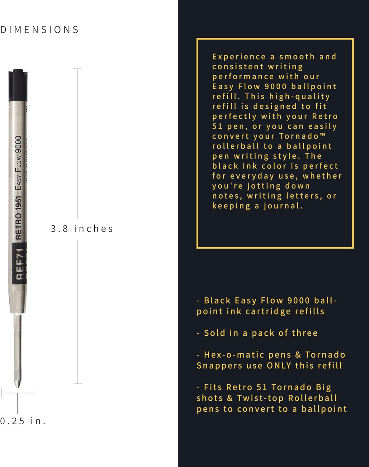 Retro 51 Easy Flow 9000 Ballpoint Refills, Black Ink, 3-Pack – German Engineered for Smooth Writing, Compatible with Tornado Pens