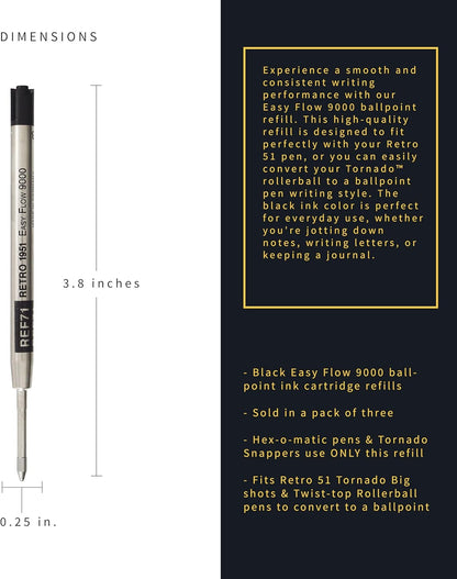 Retro 51 Easy Flow 9000 Ballpoint Refills, Black Ink, 3-Pack – German Engineered for Smooth Writing, Compatible with Tornado Pens