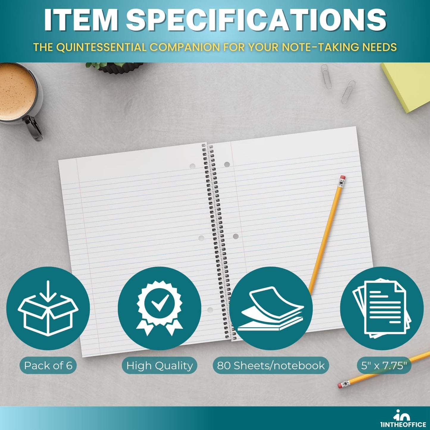 1InTheOffice 1-Subject Wirebound Notebook, College Ruled, 80 Sheets, Spiral Notebook 5x7, 7 3/4" x 5", 3/Pk