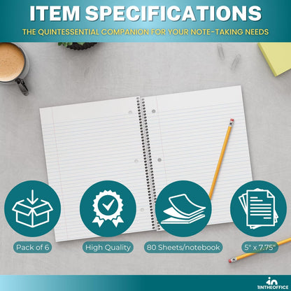 1InTheOffice 1-Subject Wirebound Notebook, College Ruled, 80 Sheets, Spiral Notebook 5x7, 7 3/4" x 5", 3/Pk