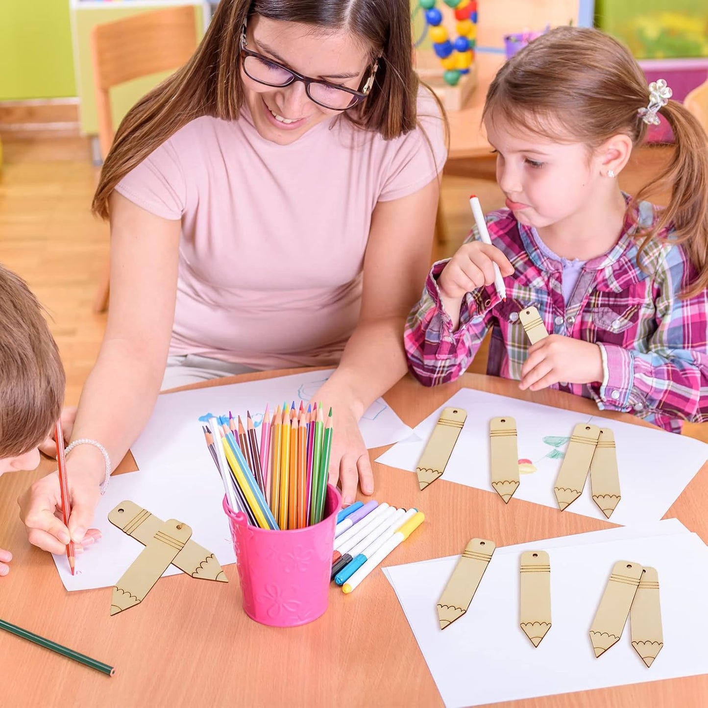 Whaline 50Pcs Back to School DIY Craft Cutout Wooden Pencil Shaped Hanging Ornaments with Hemp Rope for First Day of School Classroom Party Decoration Supplies