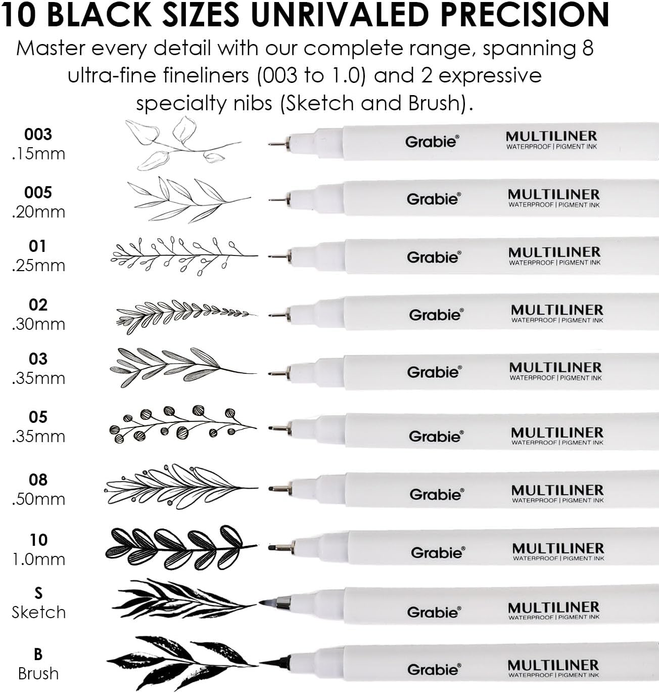 Grabie Micro Finerliner Pens, 6 Archival Black Ink Waterproof Drawing Pens, Assorted Point Sizes for Sketching, Illustration, Journaling, Art Supplies