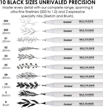 Grabie Micro Finerliner Pens, 6 Archival Black Ink Waterproof Drawing Pens, Assorted Point Sizes for Sketching, Illustration, Journaling, Art Supplies