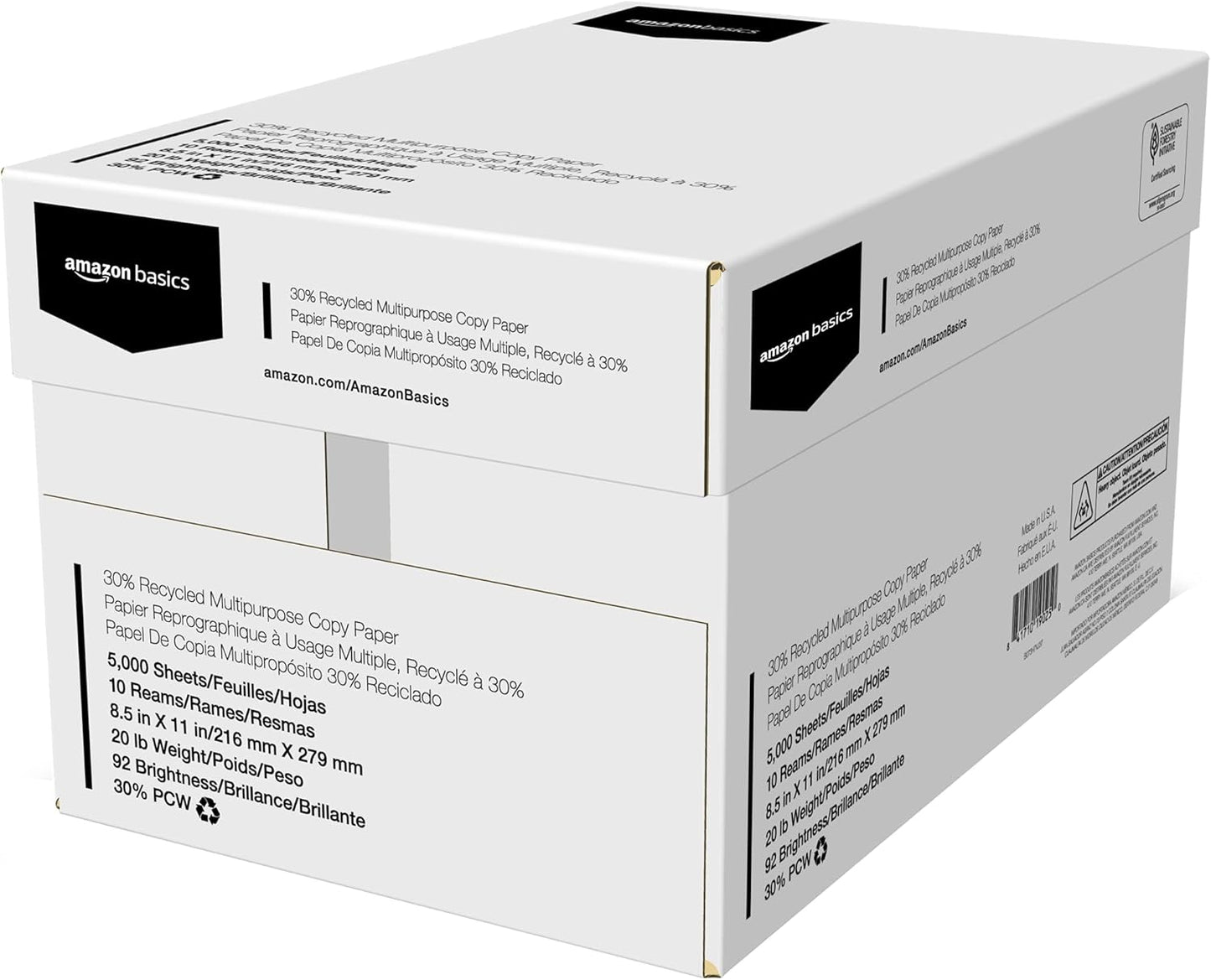 Amazon Basics 30% Recycled Multipurpose Copy & Print Paper, 8.5 x 11 Inches, 20 lb Weight, 92 Bright, White, FSC Certified, 1500 Sheets (3 Reams)