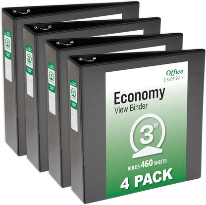 Office Essentials Economy View 3 Ring Binders, 2" Round Rings, 2.8" Spine, 375-Sheet Capacity, Black Binders (4-Pack of 03147)