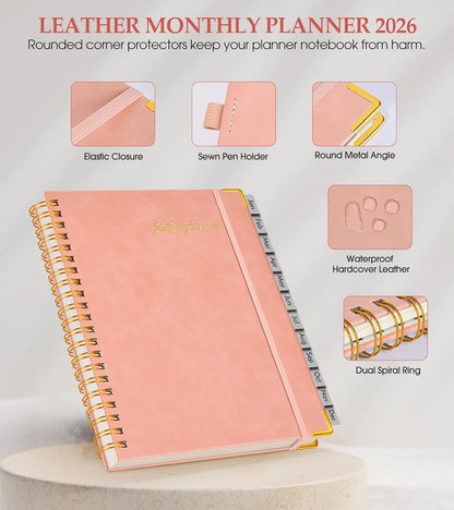 2026 Planner, Weekly and Monthly Calendar Planner from January 2026 - December 2026, 8.5" x 11" Hardcover Leather Hourly Appointment Book with Tabs, Spiral Daily Planners for School Work Home, Green