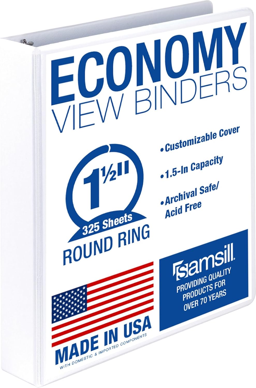 Samsill 1.5 Inch 3 Ring Binders, Economy Round Ring, Clear View Cover, 325 Sheet Capacity - for School, Home, Office - White, 4 Pack