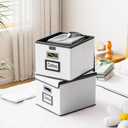 Huolewa Upgraded Portable File Organizer Box with Lid, Collapsible Linen Hanging Filing Storage Boxes with Plastic Slides, Decorative Home/Office Filing System Box for File and Folders Storage (Gray)