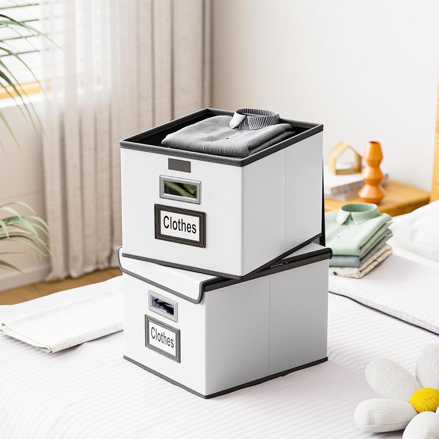 Huolewa Upgraded Portable File Organizer Box with Lid, Collapsible Linen Hanging Filing Storage Boxes with Plastic Slides, Decorative Home/Office Filing System Box for File and Folders Storage (Gray)