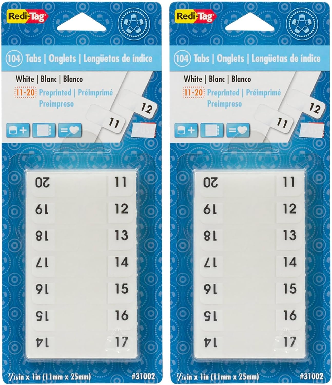 Redi-Tag Numbered Tabs, 11-20 Pre-Printed Divider Tabs, Permanent Adhesive Index Labels, 7/16" x 1", 104 Tabs Per Pack, (B31002)