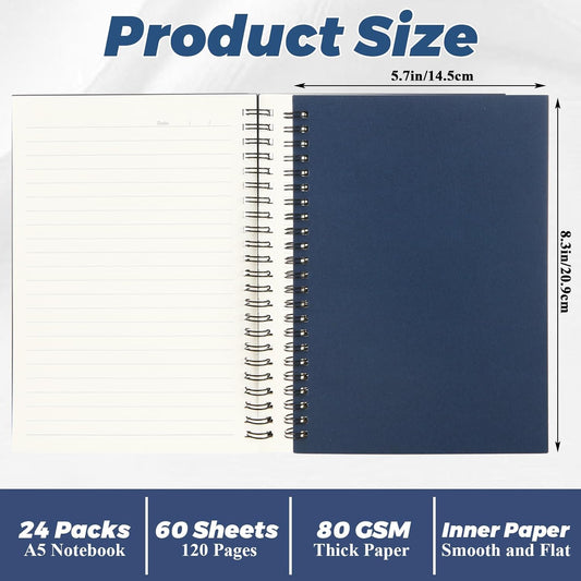 MIVIDE 24 Pack A5 Bulk Spiral Notebooks with Kraft Cover, 8.3 x 5.8 Inch 120 Pages Hardcover Spiral Lined Notebook Journal, Lined Travel Bulk Writing Notebook for School Office Supplies(Black, Kraft)
